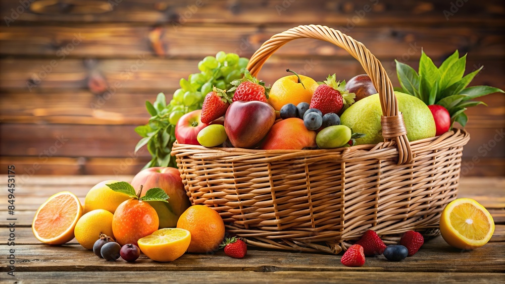 Wall mural Wicker basket filled with assortment of fresh fruits on wooden table , fruits, healthy, organic, delicious, colorful, harvest - Wall murals