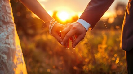 romantic couple holding hands fingers at sunset leaking wedding rings sunset rays bride groom wedding love couple golden