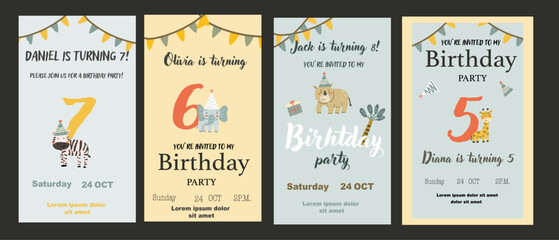 Childrens birthday invitation posters set. Can used for birthday party, childish design. Cute animals and gifts. Tropical animals party invite backgrounds set.