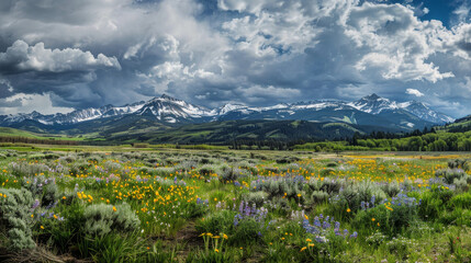 Obraz premium A field of flowers and grass with a cloudy sky in the background