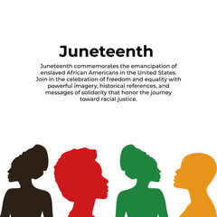 Juneteenth Freedom Day Abstract Vector Illustration. Silhouette face head in profile ethnic group of black African and African American men and women. Identity concept - racial equality and justice.
