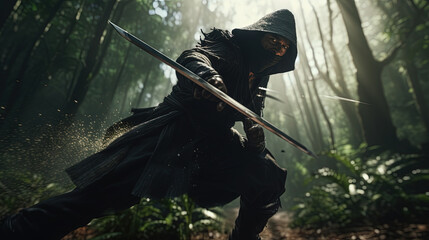 Action shot of a martial arts warrior in the bamboo forest. Cinematic dynamic scene in action movie blockbuster style.