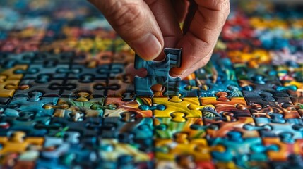 Fototapeta premium A close-up of hands holding a jigsaw puzzle piece, fitting it into the larger puzzle, representing the concept of solving a problem or finding a solution.