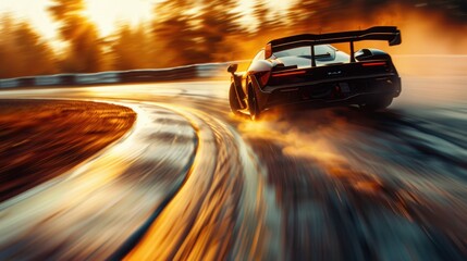 Obraz premium A race car speeding around a corner on a track, with tires kicking up smoke and dust. The car is sharply in focus while the background is blurred, suggesting high velocity. The track's curving lines