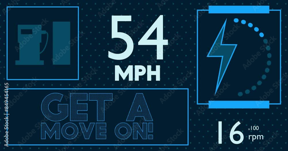 Poster futuristic car dashboard with get a move on! text. digital graphical user interface animation.