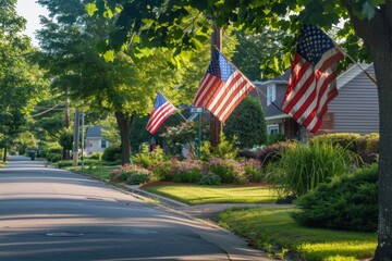 A serene neighborhood street with American flags and greenery, showcasing the peaceful coexistence of creativity in harmony within its community Generative AI