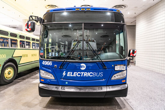 New York City, USA - March 27, 2024: MTA New Flyer Xcelsior XD60 electric bus at New York International Auto Show, front view
