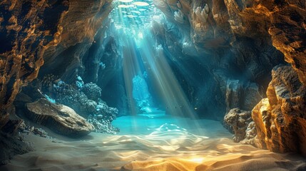 Mystical underwater cave with gentle beams of light piercing through the entrance, revealing intricate rock formations and soft sand