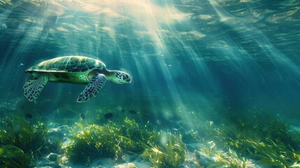 Fototapeta premium Dreamlike underwater scene with a lone sea turtle swimming amidst softly undulating seagrass, illuminated by shimmering light from above