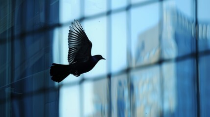The silhouette of a bird in flight reflected in the glass of a skyscraper, capturing a moment of grace.