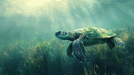 Fototapeta premium Dreamlike underwater scene with a lone sea turtle swimming amidst softly undulating seagrass, illuminated by shimmering light from above