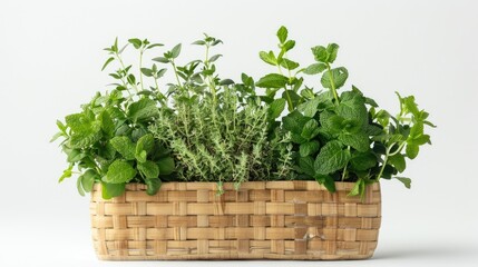 Naklejka premium Fresh spicy herbs arranged in a wooden basket Aromatic plants displayed in a still life composition featuring mint oregano and thyme set against a white background