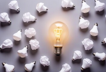 A white light bulb next to a crumpled piece of paper on a gray background