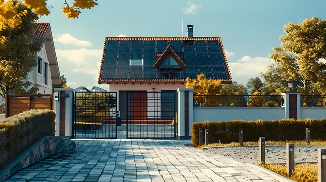 Facade of house with solar panels on roof by pavestone driveway and open gate : Generative AI
