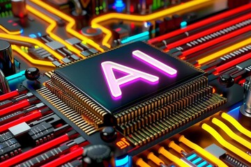 Futuristic AI chips and circuit boards display vibrant colors and advanced technology in hardware design.