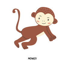Childrens animal card monkey for education. Kindergarten design. Cute african animal flash card on english language. Funny cartoon character poster for kids room with quotes.