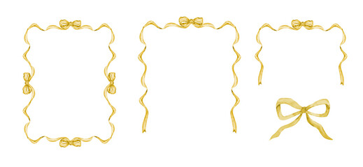 Yellow frames set of watercolor ribbon and bow