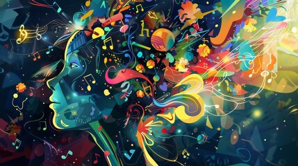 A divided human head, artistically represented, showing a musical stage with a band playing inside.