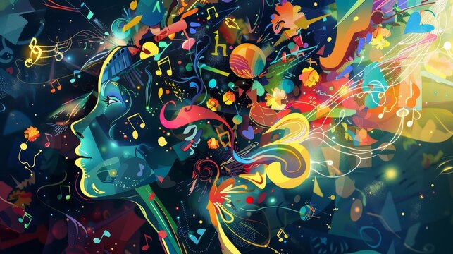 A divided human head, artistically represented, showing a musical stage with a band playing inside.