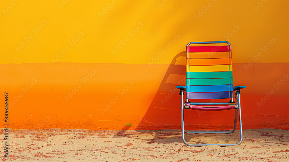 Canvas Prints a colorful beach chair sits on the sand in front of a bright orange wall