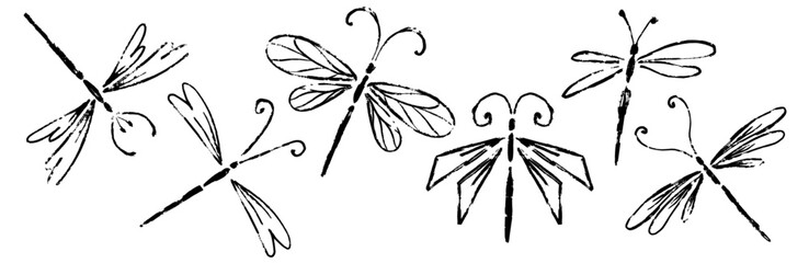 Set of texture doodles of decorative insects dragonflies.Vector graphics.