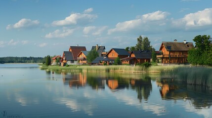 Obraz premium Timber houses in Lithuanian town Trakai : Generative AI