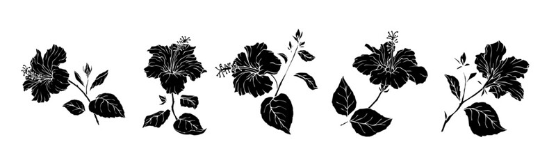 Collection of silhouettes, stamps of flowers and hibiscus buds. Vector graphics. © Катерина Якубович