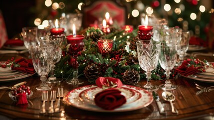 A festive holiday table setting ready for a Christmas feast. The table is elegantly decorated with a red and green color scheme, featuring a centerpiece of pine cones, holly, and candles. Each place