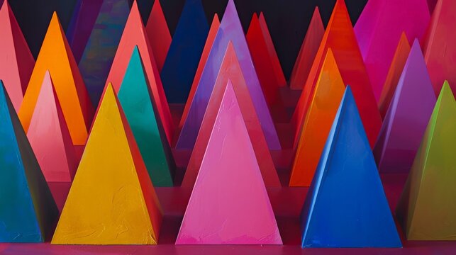 Colorful 3D triangles of different heights arranged in a staggered pattern.