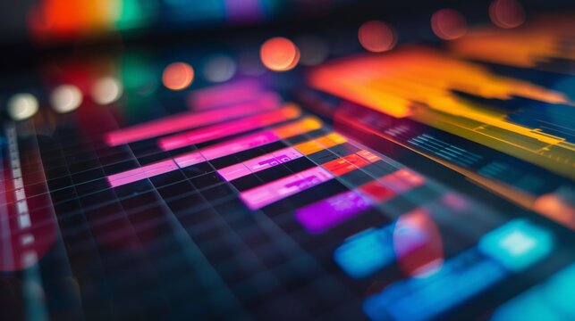 Colorful sound waves. Music production software. Sound waves in the equalizer. Audio editing and mastering.