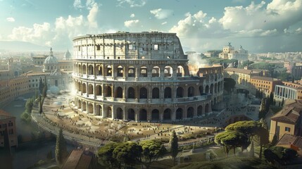 Fototapeta premium The Colosseum in Rome transformed into a contemporary architectural masterpiece. The ancient structure is rendered with smooth concrete and glass, maintaining its iconic shape while showcasing a