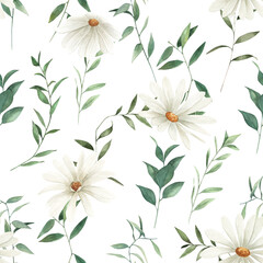 Floral print with daisy. Watercolor seamless pattern. Hand drawn  illustration on white background