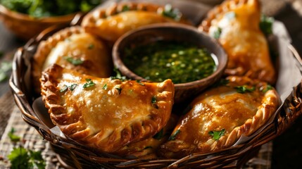 Delicious empanadas with a variety of fillings, served with aji verde sauce.