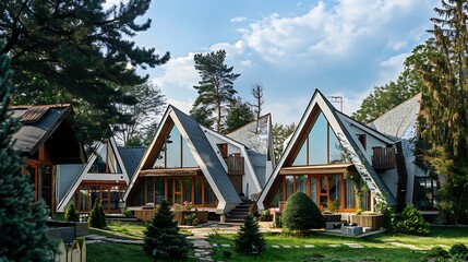 A country complex of several triangular guest houses with panoramic glazing  Country recreation in nature in an ecohotel  Country house : Generative AI