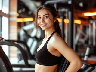 Fototapeta premium Close up image of attractive sporty fit woman in gym, banner with copy space