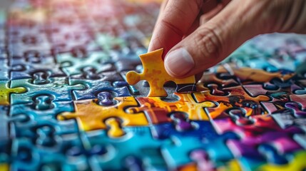 A hand placing the final piece into a nearly completed jigsaw puzzle, showcasing the culmination of logical problem-solving and sequence.