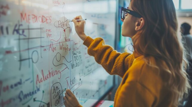 A person writing a complex mathematical equation on a whiteboard, demonstrating logical reasoning and the process of solving problems step by step.