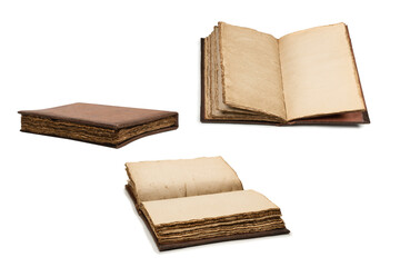 An open empty old notebook isolated on a white background.