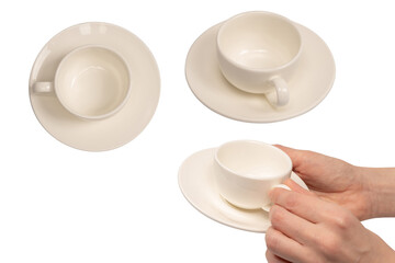 Ceramic white coffee cup and saucer isolated on white background.