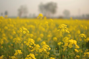 Obraz premium This field of mustard flowers is in full bloom. It is part of the agricultural environment. This close-up view shows the mustard blooms.