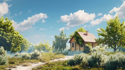A small barnhouse house on a plot with a path trees and bushes under a blue sky : Generative AI