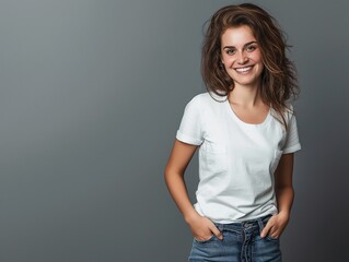 Obraz premium Portrait of beautiful woman in jeans and T-shirt hold hands in pockets. Caucasian female model with long hair isolated