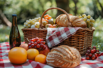 photo of a picnic basket with bread and bottle, fresh fruit on a red checkered tablecloth, prepared for a sunny outdoor meal.