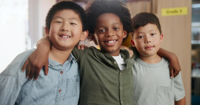 Face, students and children with hug, friends and bonding together with happiness, relax and cheerful. Portrait, diversity and embrace with kids, multiracial and education with break, school and joy