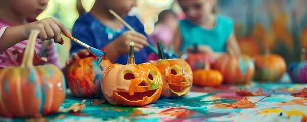 Kids painting pumpkins for National Color Day, October 17th, vibrant colors and creative designs, 4K hyperrealistic photo.