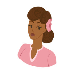Retro afro american woman in flat colorful style. Cartoon illustration with 50s haircut. Hand drawn vector illustration. Design for beauty salon, cosmetic products, print, web. 