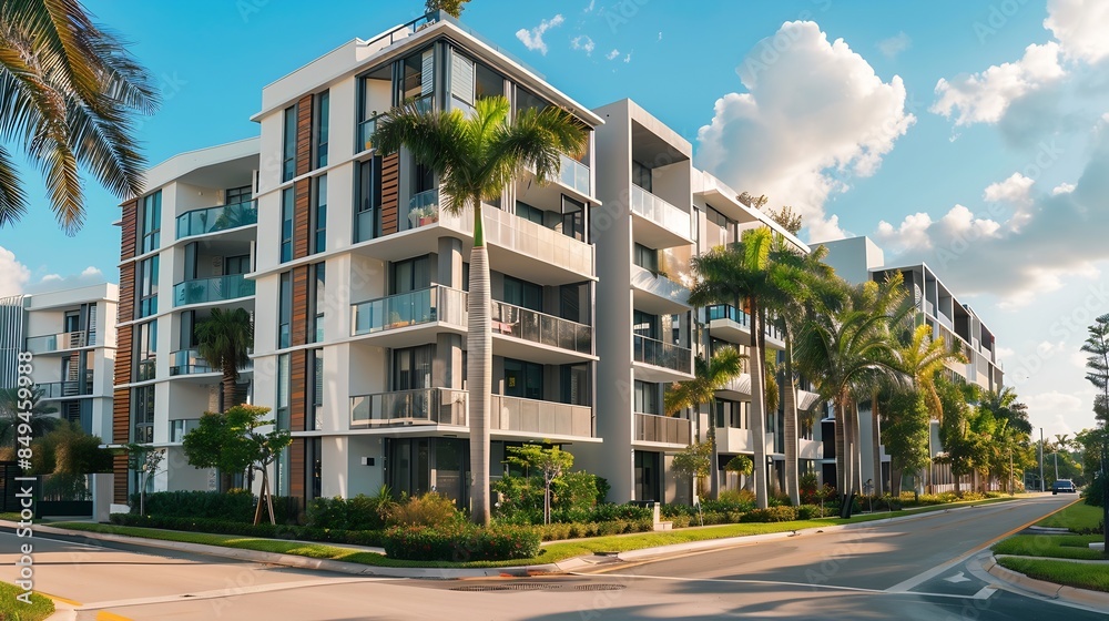 Poster modern apartment building or house with palm trees at miami view from road : generative ai