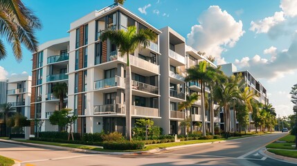 Modern apartment building or house with palm trees at Miami  view from road : Generative AI