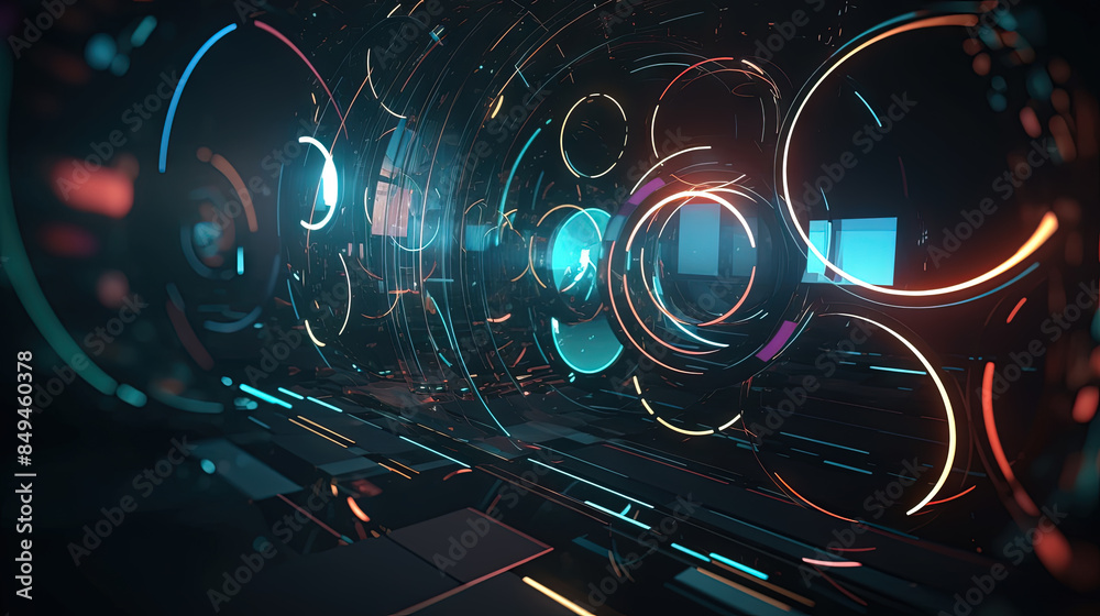 Poster Technology abstract background with hud styled round interface elements in neon tech light.