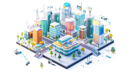 An illustration of a concept for a smart city in 3D. White background with flat isometric figures